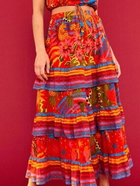 FARM RIO Tiered Ruffle Colorful Tropical Midi Skirt Red M Beach Print Boho